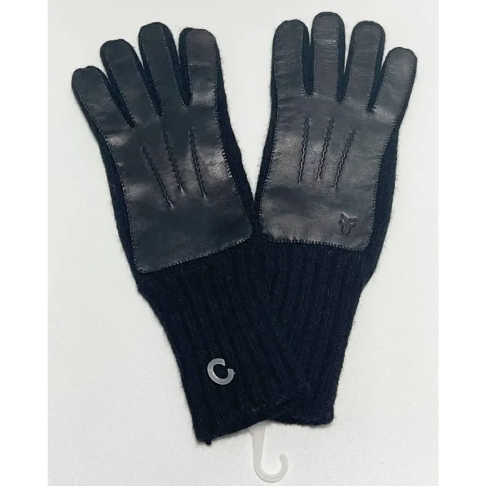 Frye Leather Patch Long Knit Wool Gloves Frye‎ Stamped Black Large / Extra Large - Picture 2 of 6